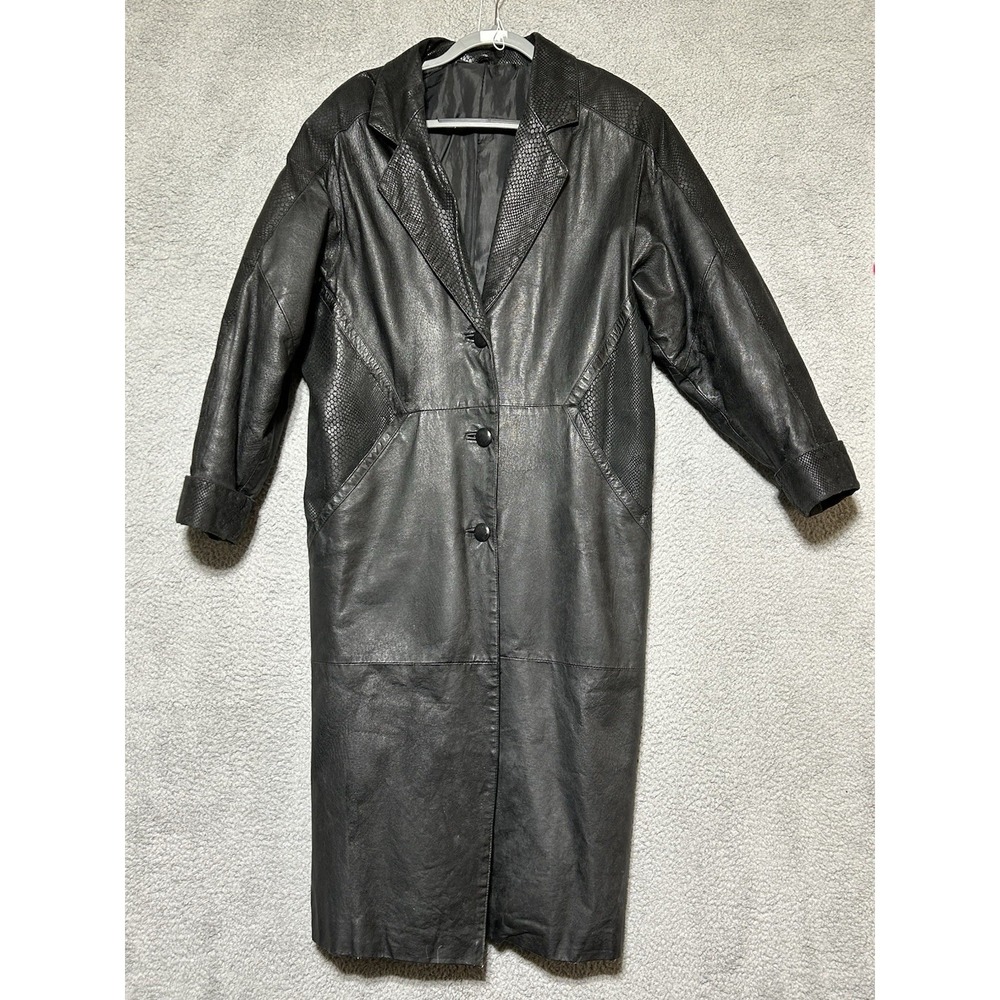Steampunk Cowgirl Western Black Leather Snakeskin Trench Coat Duster Jacket Sz L